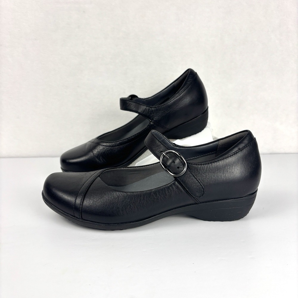 Dansko Fawna Mary Jane Shoes Womens 37 US 6.5-7 Black Leather Low Wedge Comfort - Picture 2 of 15
